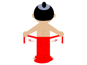 【装着手順１】布を後方にした状態でヒモを両手で持ち、腰のやや低いあたりに巻き付け、正面で結びます。