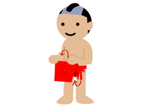 【装着手順２】垂れ下がっている布（前垂れ）は、股をくぐらせて前方に移動させ、結んだ腰ヒモの下から通します。