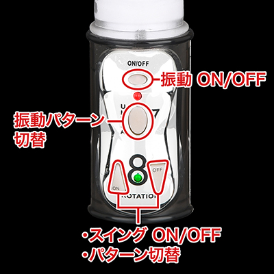 電源ＯＮで振動のみ動作開始。スイングは専用ボタンで操作します。スイングをストップするときは、切替えた回数分だけボタンを押さないといけないのが、ちょっと面倒。