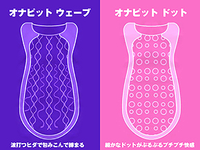 ＜ウェーブ＞波打つ縦ラインが縦、横への刺激に期待感を抱かせてくれる。
＜ドット＞大小のドットがびっしり。縦横に安定した刺激でイキどころも継続的に捉えます。
※共に素材の柔らかさで刺激バランスを緩和します。