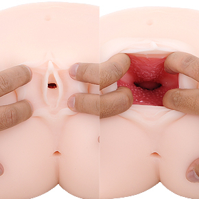 ヴァギナを２段階でくぱぁ…。２重構造になった膣道が艶めかしく、粘膜素材に刻まれた無数のイボに誘われます。