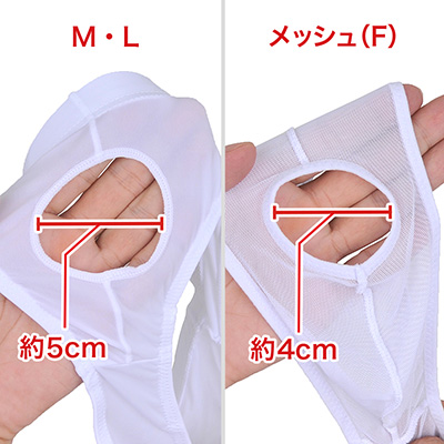 ペニスを出す穴のサイズも違います。メッシュは竿だけ、Ｍ・Ｌは玉袋ごと…という感じ。　※数値はＮＬＳ実測値