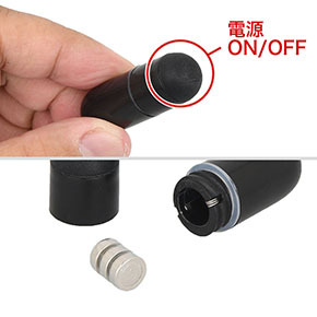 付属のミニローターはON／OFFのみで、振動パワーもそこそこ。電源はLR41型ボタン電池×３個（付属）です。