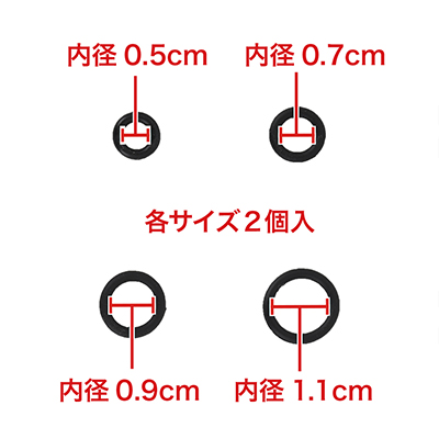 付属リングは４サイズ×２個セットと充実。適度な硬さと伸縮性がとても使いやすいです。　※数値はＮＬＳ実測値