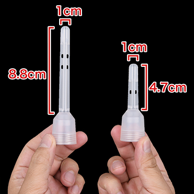 専用ノズルはロングとショートの２本。どちらも中腹に穴が開いていて、左右に噴水します。　※数値はＮＬＳ実測値