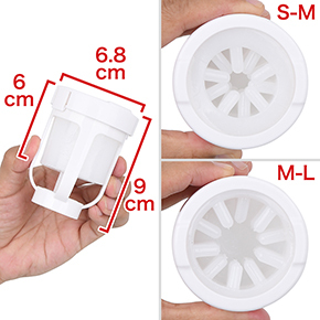 「Ｓ-Ｍ」と「Ｍ-Ｌ」、内径の異なる２つの触手が付属。カップ自体は共通仕様です。　※数値はＮＬＳ実測値