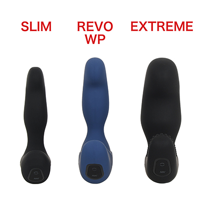 基幹モデルである“REVO（レボ）WP”と、細身シャフトの“SLIM（スリム）”と並べてみました。デ、デカい…。