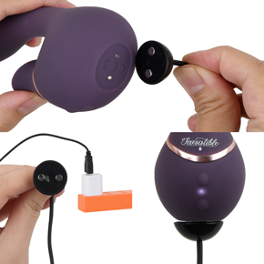 充電は汎用性の高いUSB式。磁石のプラグを本体底部にくっ付けることで充電します。充電時間は約2時間。
