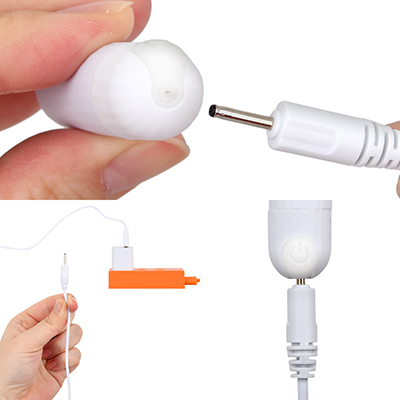 充電はUSB充電式。充電時間は約30分、連続稼働時間は約60分です。充電中はライトが点滅します。