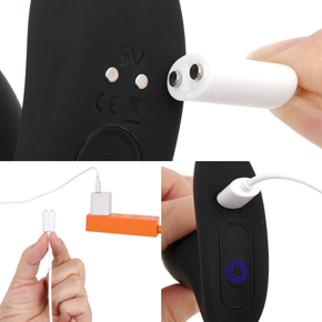 充電はマグネット式USB充電ケーブル。充電時間は約90分、稼働時間は約90分です。充電中は青いライトが点滅します。リモコンの充電も本体充電時と同じく接続２箇所を垂直に付けて充電してください。　※ヘッドシェイク・Ｗモーター共通