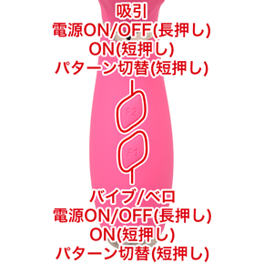 10種類のバイブ&舐め／５種類の振動パターンは、単独操作が可能なので多彩なムーブバリエーションが楽しめます。