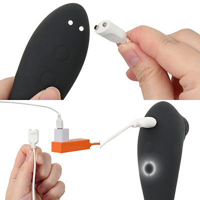 充電はUSB充電式。充電時間は約３時間、連続稼働時間は約１時間です。充電中はライトが点滅します。
