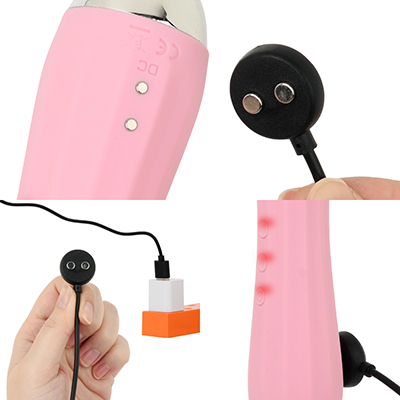 充電はマグネット式USB充電ケーブルを使用。充電時間は約150分、連続稼働時間は約120分です。充電中はライトが点滅します。