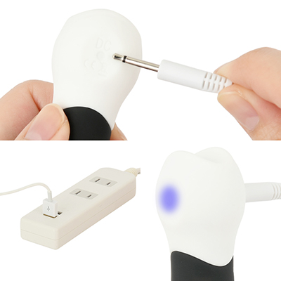 充電はUSB充電式。充電時間は約60分、連続稼働時間は約40分です。充電中はライトが点滅します。