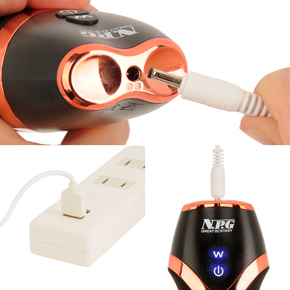 充電はUSB充電式。充電時間は約130分、連続稼働時間は約70分です。充電中はライトが点滅し、フル充電はライトが点灯します。
