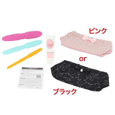 内容物はダイレーター（×３本）、ヴィスコジェル、専用ポーチ、案内カードです。具体的なご利用方法は、カードに記載されているQRコードの動画にてご確認ください。