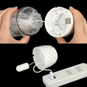 充電はUSB充電式。キャップ内から充電ケーブルを取り出し、充電してください。充電時間は約120分、連続稼働時間は約60分です。充電中はライトが点滅します。