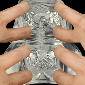 膣穴口はまったり刺激が楽しめる無数のヒダが奥まで続き、尻穴口は絡みつく不規則な柔ヒダが奥まで続きます。