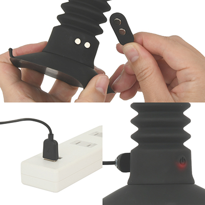 充電はマグネット式USB充電仕様。充電中はライトが点滅します。