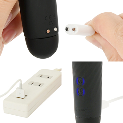 充電はUSB充電式。充電時間は約60分、連続稼働時間は約40分です。充電中はライトが点滅します。
