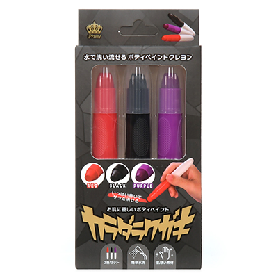 パッケージ。赤・黒・紫のクレヨン３色セットです。