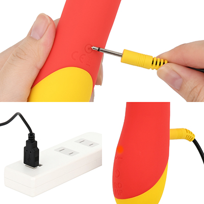充電はUSB充電式。充電時間は約180分、連続稼働時間は約60分です。充電中はライトが点滅します。