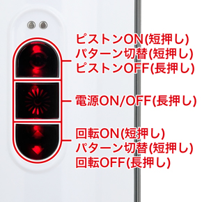 12種類のピストンパターンと６種類の回転パターンを搭載。ピストンと回転は個別で操作できるので、組み合わせは自由自在！