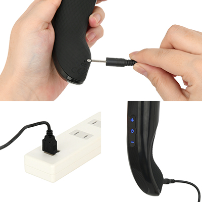 充電はUSB充電式。充電時間は約120分、連続稼働時間は約60分です。充電中はライトが点灯し、消灯したら充電完了です。