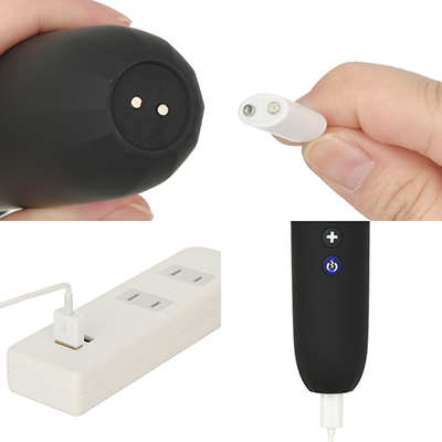 充電はマグネット式USB充電仕様。充電時間は約90分、連続稼働時間は約40～80分です。充電中はライトが点滅します。