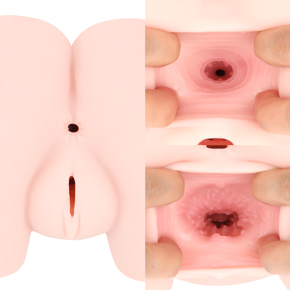 異なる刺激が楽しめる２穴仕様。内部は二層構造になっており、ピンク色の膜で覆われています。