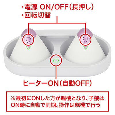 本体はクレイドルから外れると自動でONとなり、親機はランプが点灯、子機は点滅します。赤点滅は「要充電」。