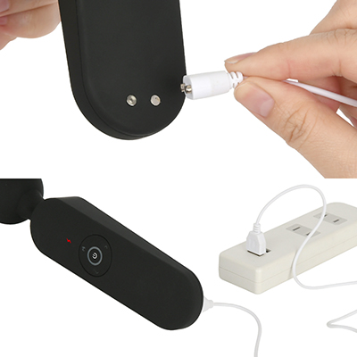 充電はマグネット式USB充電仕様。充電時間は約60分、連続稼働時間は約120分です。充電中はライトが点滅します。