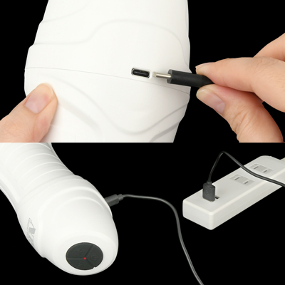 充電はUSB充電式。充電時間は約２時間、連続稼働時間は約3.5時間です。充電中はライトが点滅し、充電が完了するとライトが点灯します。