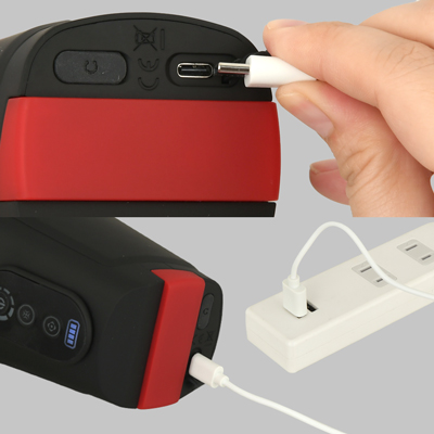 充電はUSB充電式。充電時間は約120分、連続稼働時間は約70分です。充電中はライトが点灯します。