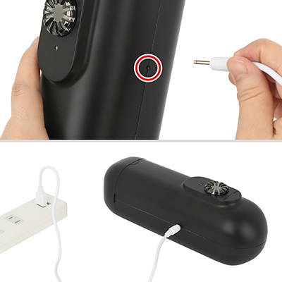 専用ケーブルによるUSB充電式。フル充電までは約３時間、連続稼働は約60分と、バッテリー性能はそれなり。価格を考えれば合格です。