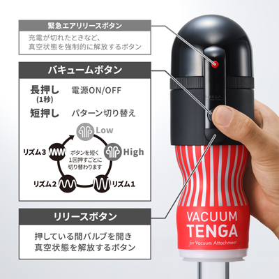 ２つのボタンによる操作で簡単にバキュームをコントロールできます。繰り返し使える充電式です。
