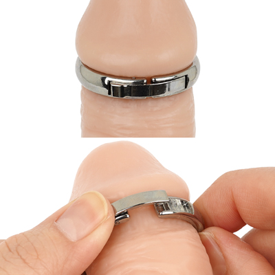 [STEP３] ボタンを離してアジャスターを噛ませてリングを閉じます。　[STEP４] 取り外す際はボタンを押すことで簡単に取り外せます。