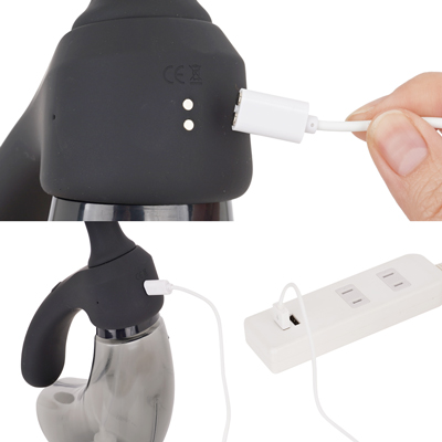 充電はマグネット式USB充電仕様。充電時間は約90分、連続稼働時間は約180分（バイブ初期振動パターン未変更時）です。充電中はライトが点滅します。