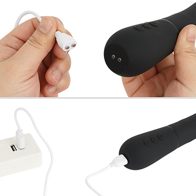 マグネット接続の専用ケーブルを使ったUSB充電式。フル充電までは約３時間、連続稼働は最大120分です。（振動・ピストン同時稼働は約30分）