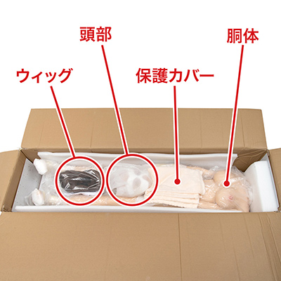 箱を開けたところ。胴体のスキ間に頭部やウィッグが収まっており、頭部には保護用マスクが被されています。このほか、簡素なランジェリーも同梱されていました。