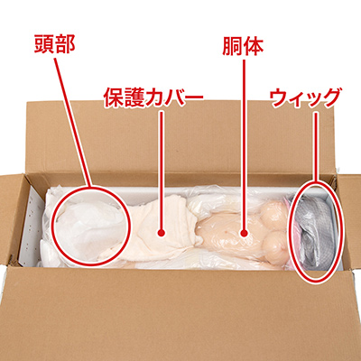 箱を開けたところ。こちらも頭部には保護マスクが装着され、足元に収納されていました。スキ間にはウィッグや保護カバーが収まっており、簡素なランジェリーも同梱されています。