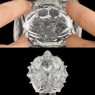 【リンケージグリーン】　立体的に刻まれた溝と突起が緩やかに全てを包囲する形状。優しい感触で包み込み、じわりじわりと最後の瞬間へと導くのが特徴です。