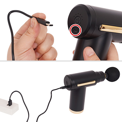 付属の充電ケーブルはUSB-C端子です。フル充電までは約６時間、連続稼働は約４時間（振動レベルで変化）と、かなりタフネスな印象。