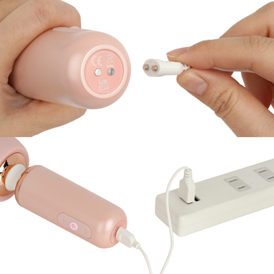 充電はマグネット式USB充電仕様。充電時間は約150分、連続稼働時間は約60分です。充電中はライトが点滅します。