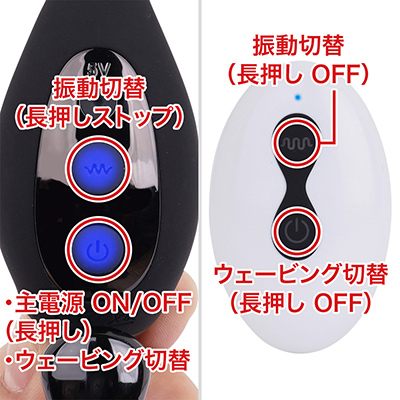 リモコンは本体ON時のみ有効。振動、ウェービングともに３段階＋７リズムの10パターンで、それぞれ別々に制御可能なのもナイス。