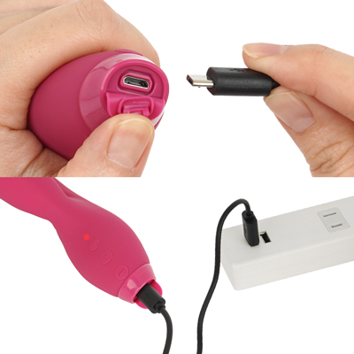 充電はUSB充電式。充電時間は約２時間（初回のみ12時間）、連続稼働時間は約45～60分です。充電中はライトが点滅します。ボディ底部のキャップを捲って充電してください。