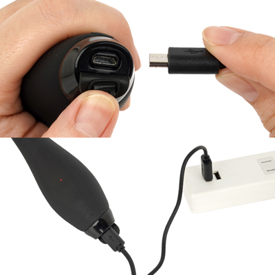 充電はUSB充電式。充電時間は約２時間（初回のみ12時間）、連続稼働時間は約45～60分です。充電中はライトが点滅します。ボディ底部のキャップを捲って充電してください。