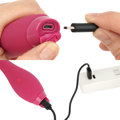 充電はUSB充電式。充電時間は約２時間（初回のみ12時間）、連続稼働時間は約45～60分です。充電中はライトが点滅します。ボディ底部のキャップを捲って充電してください。