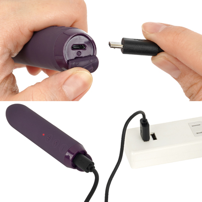 充電はUSB充電式。充電時間は約60分、連続稼働時間は約90分です。充電中はライトが点滅します。ボディ底部のキャップを捲って充電してください。