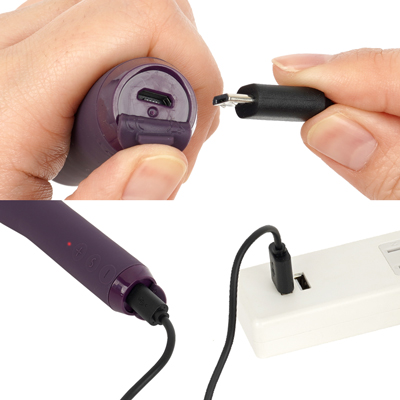 充電はUSB充電式。充電時間は約60分、連続稼働時間は約90分です。充電中はライトが点滅します。ボディ底部のキャップを捲って充電してください。